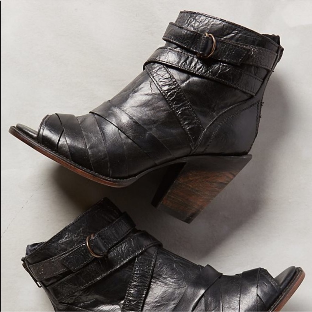 Freebird By Steven Joker Black Leather Heeled Booties Peeptoe Strappy